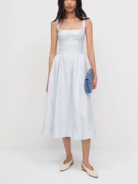 NEW Reformation Janu Midi Linen Dress Swan Stripe Blue White | US 2 / UK 6